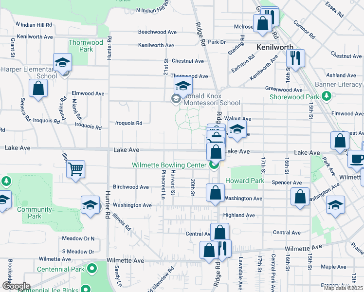 map of restaurants, bars, coffee shops, grocery stores, and more near 912 Harvard Lane in Wilmette