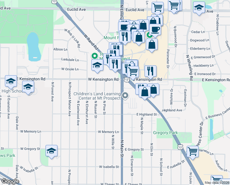 map of restaurants, bars, coffee shops, grocery stores, and more near 707 North Wille Street in Mount Prospect
