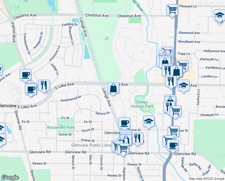 map of restaurants, bars, coffee shops, grocery stores, and more near 1340 Greenwillow Lane in Glenview