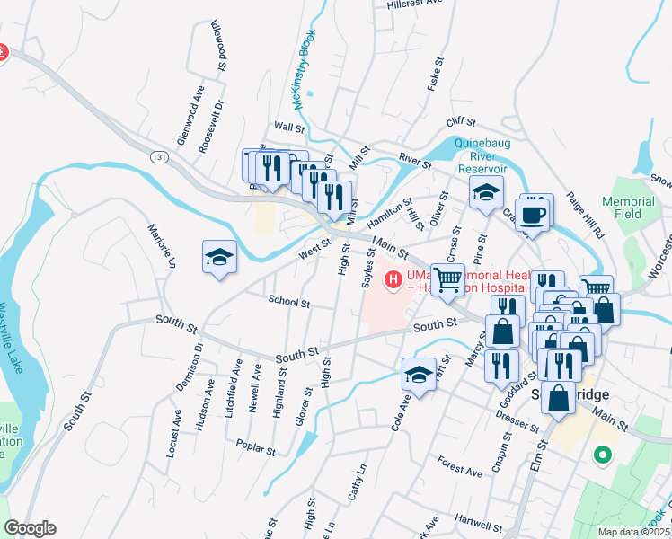 map of restaurants, bars, coffee shops, grocery stores, and more near 42 High Street in Southbridge