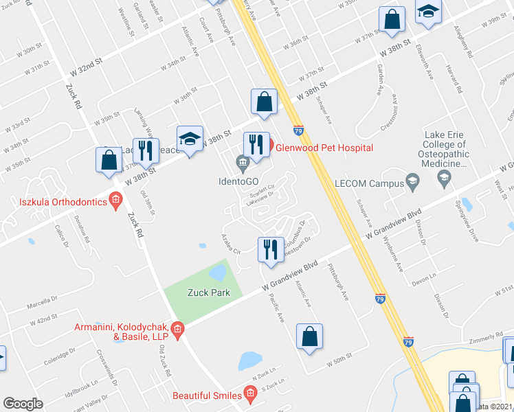 map of restaurants, bars, coffee shops, grocery stores, and more near 2255 Pinnacle Court in Erie