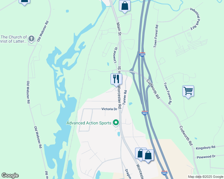 map of restaurants, bars, coffee shops, grocery stores, and more near 149 Worcester Road in Webster