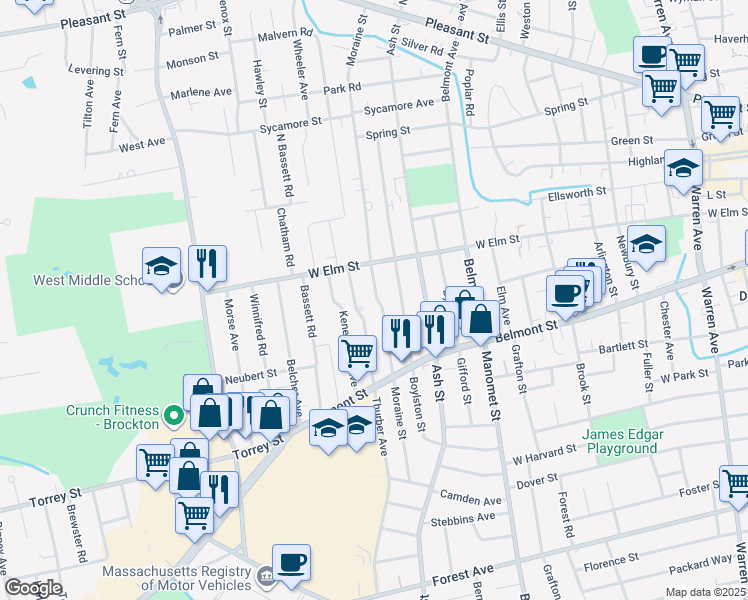 map of restaurants, bars, coffee shops, grocery stores, and more near 277 Moraine Street in Brockton