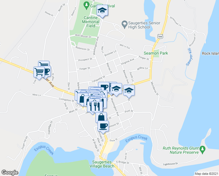 map of restaurants, bars, coffee shops, grocery stores, and more near 137 Washington Avenue in Saugerties