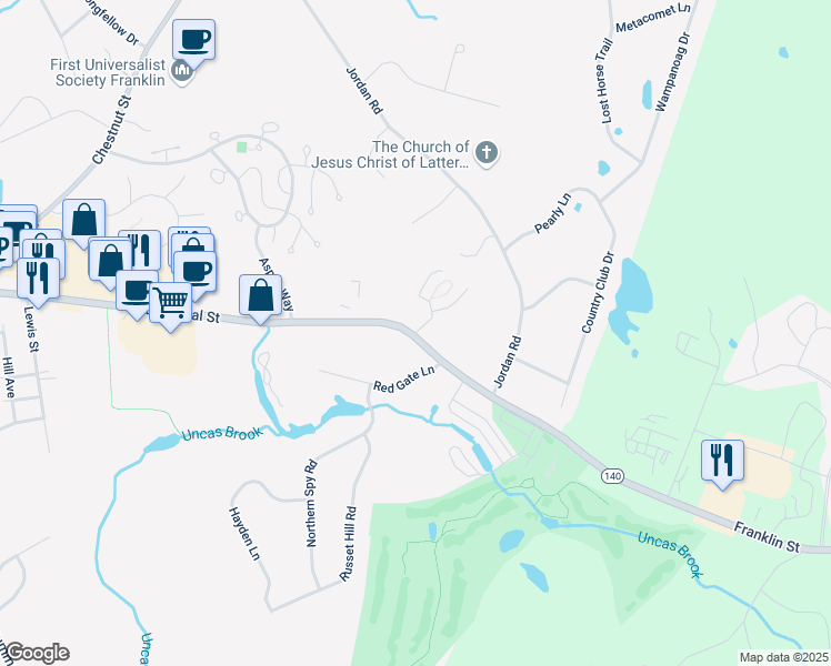 map of restaurants, bars, coffee shops, grocery stores, and more near 8 Gatehouse Lane in Franklin