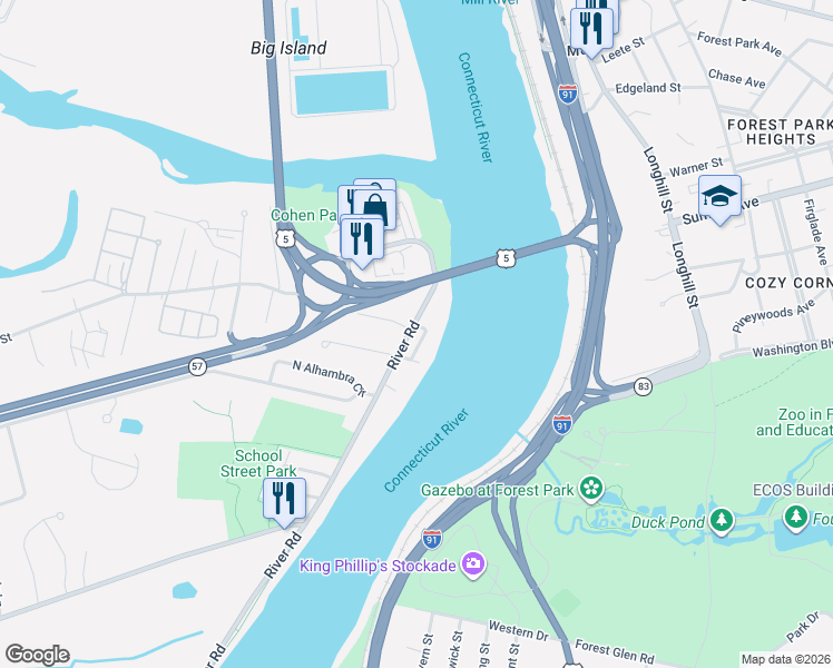 map of restaurants, bars, coffee shops, grocery stores, and more near 1172 River Road in Agawam