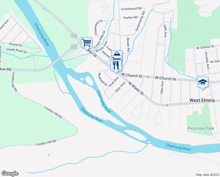 map of restaurants, bars, coffee shops, grocery stores, and more near 80 York Avenue in Elmira