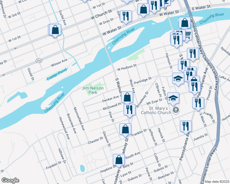 map of restaurants, bars, coffee shops, grocery stores, and more near 535-537 Partridge Street in Elmira