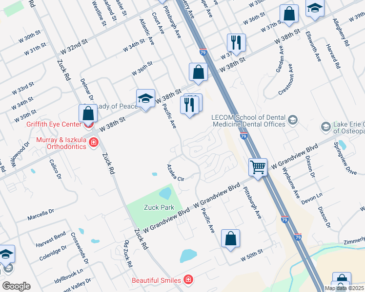 map of restaurants, bars, coffee shops, grocery stores, and more near 2268 Lakeview Drive in Erie
