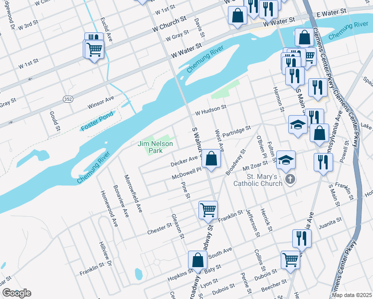 map of restaurants, bars, coffee shops, grocery stores, and more near 535 Partridge Street in Elmira