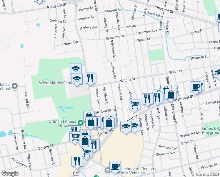 map of restaurants, bars, coffee shops, grocery stores, and more near 12 Winnifred Road in Brockton