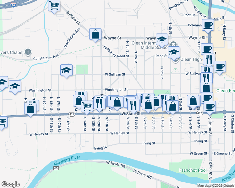 map of restaurants, bars, coffee shops, grocery stores, and more near 137 North 10th Street in Olean