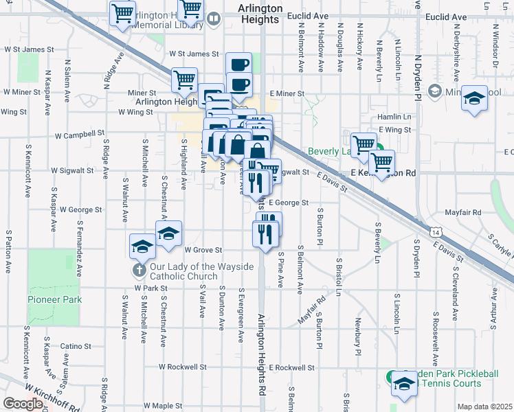 map of restaurants, bars, coffee shops, grocery stores, and more near 208 South Arlington Heights Road in Arlington Heights