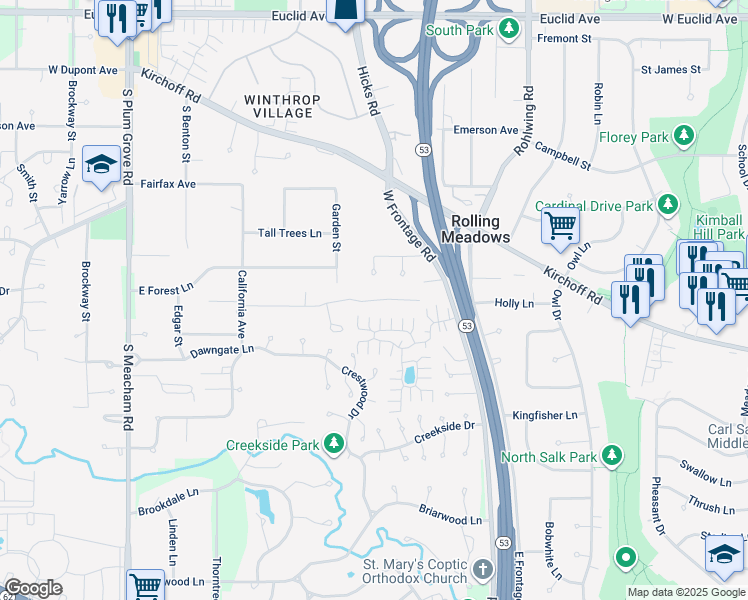map of restaurants, bars, coffee shops, grocery stores, and more near 4216 East Oaksbury Lane in Rolling Meadows