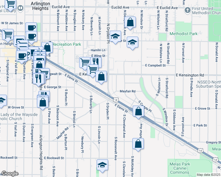 map of restaurants, bars, coffee shops, grocery stores, and more near 217 South Dryden Place in Arlington Heights