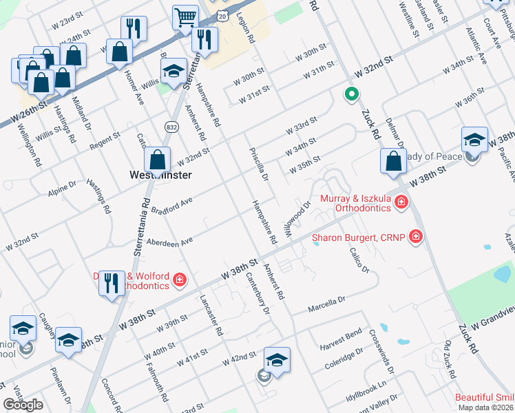 map of restaurants, bars, coffee shops, grocery stores, and more near 2999 Aberdeen Ave in Erie