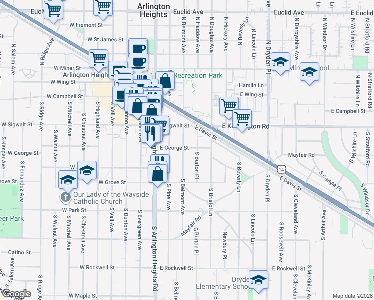 map of restaurants, bars, coffee shops, grocery stores, and more near 201 South Belmont Avenue in Arlington Heights