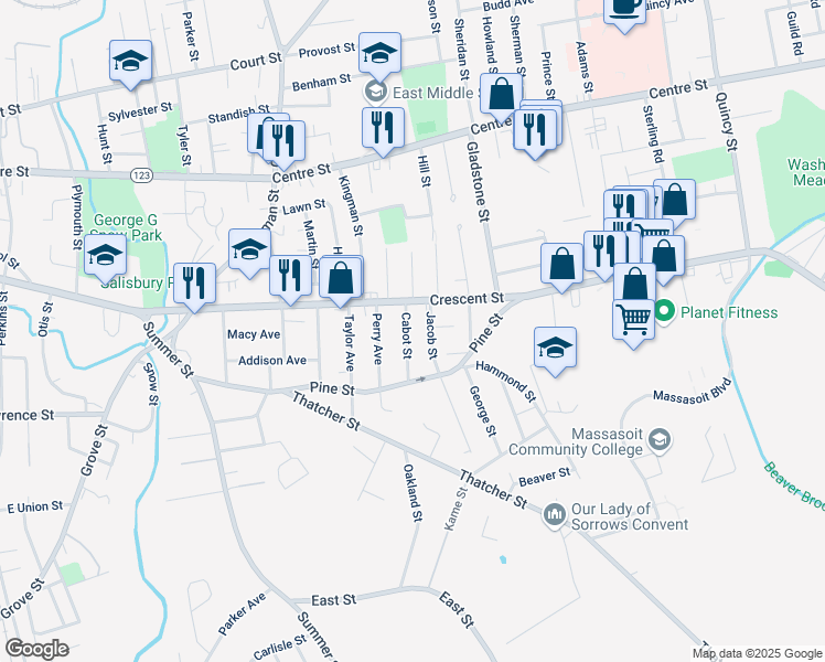 map of restaurants, bars, coffee shops, grocery stores, and more near 22 Cabot Street in Brockton