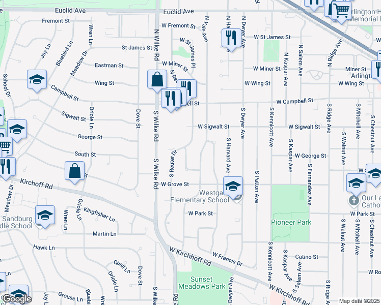 map of restaurants, bars, coffee shops, grocery stores, and more near 207 South Illinois Drive in Arlington Heights