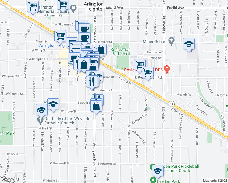 map of restaurants, bars, coffee shops, grocery stores, and more near 201 South Belmont Avenue in Arlington Heights