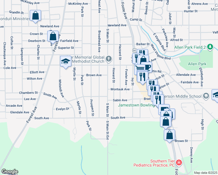 map of restaurants, bars, coffee shops, grocery stores, and more near 463 County Touring Route 47 in Jamestown