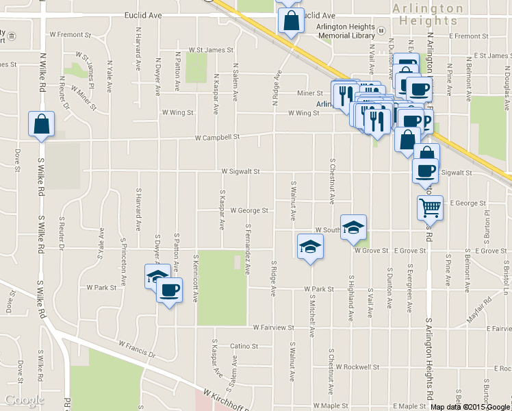 map of restaurants, bars, coffee shops, grocery stores, and more near 616 West George Street in Arlington Heights