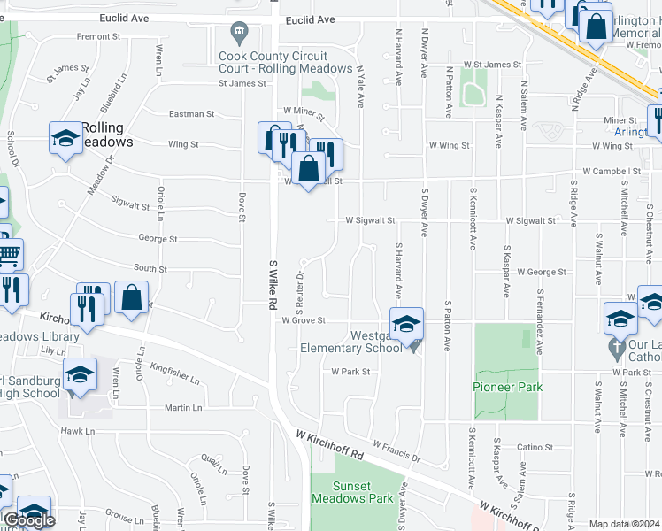 map of restaurants, bars, coffee shops, grocery stores, and more near 207 South Illinois Drive in Arlington Heights