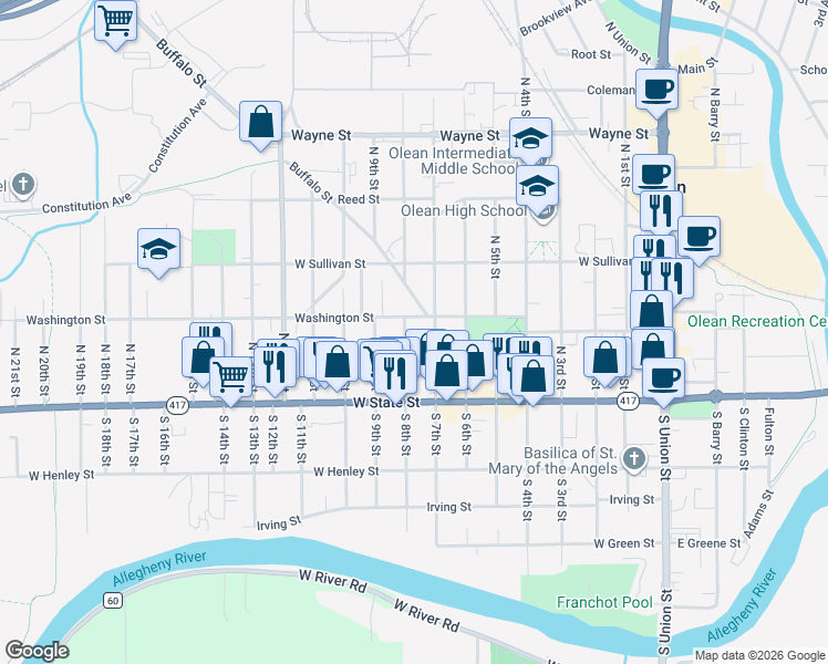 map of restaurants, bars, coffee shops, grocery stores, and more near 150 N 8th St in Olean