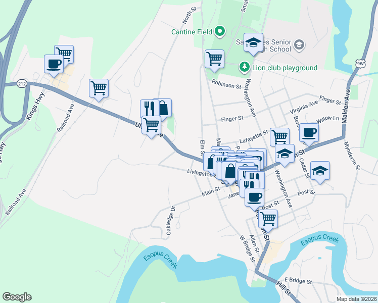 map of restaurants, bars, coffee shops, grocery stores, and more near 69 Ulster Avenue in Saugerties