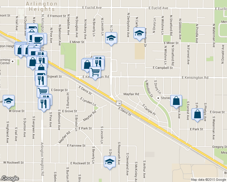 map of restaurants, bars, coffee shops, grocery stores, and more near 217 South Dryden Place in Arlington Heights