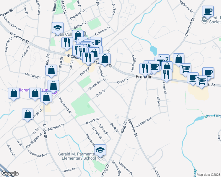 map of restaurants, bars, coffee shops, grocery stores, and more near 91 Summer Street in Franklin