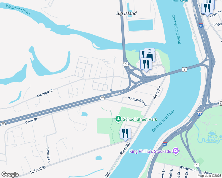 map of restaurants, bars, coffee shops, grocery stores, and more near 56 Editha Avenue in Agawam