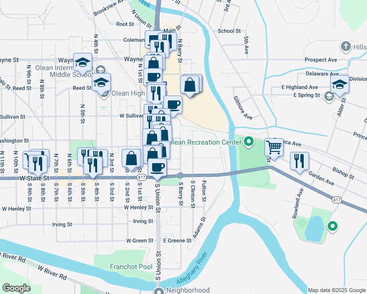 map of restaurants, bars, coffee shops, grocery stores, and more near 142 North Barry Street in Olean