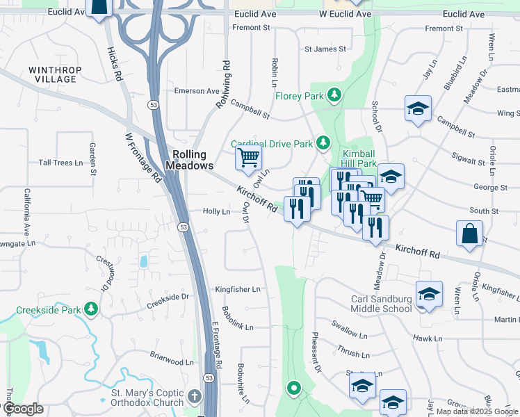 map of restaurants, bars, coffee shops, grocery stores, and more near 3500 Wellington Court in Rolling Meadows