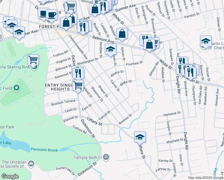 map of restaurants, bars, coffee shops, grocery stores, and more near 293 Commonwealth Avenue in Springfield