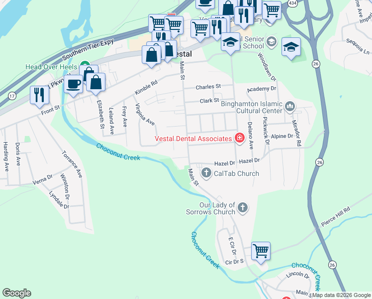 map of restaurants, bars, coffee shops, grocery stores, and more near 518 Main Street in Vestal