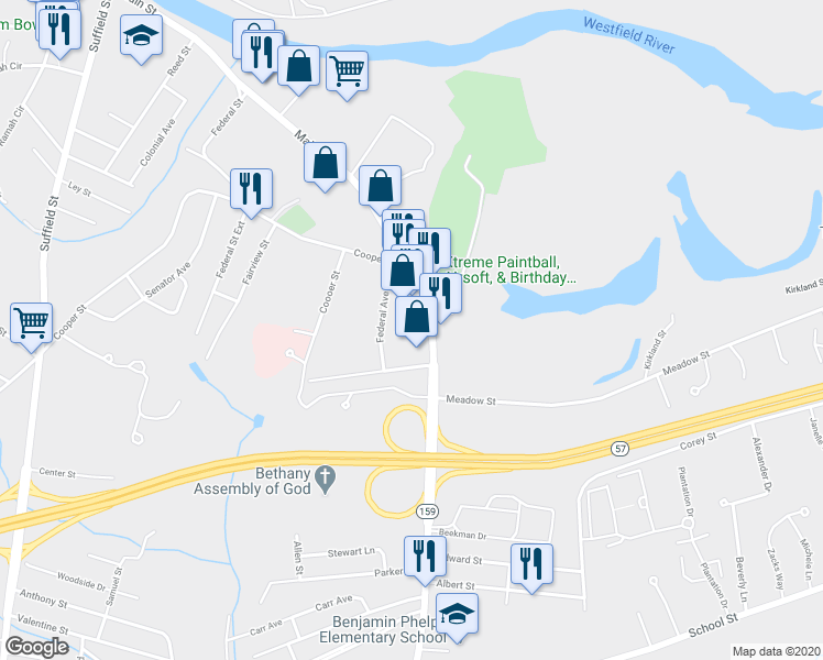 map of restaurants, bars, coffee shops, grocery stores, and more near 420 Main Street in Agawam