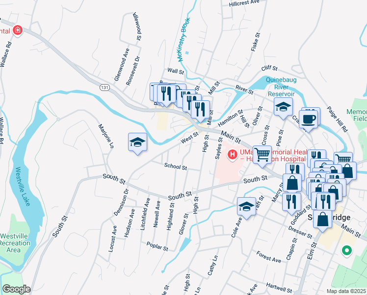 map of restaurants, bars, coffee shops, grocery stores, and more near 63 West Street in Southbridge