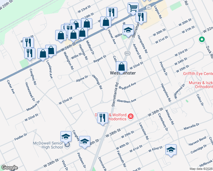 map of restaurants, bars, coffee shops, grocery stores, and more near 3267 West 32nd Street in Erie