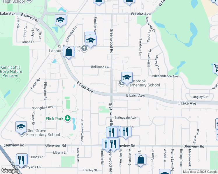 map of restaurants, bars, coffee shops, grocery stores, and more near 1825 Lakewood Ct in Glenview