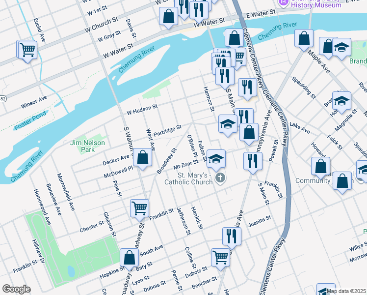 map of restaurants, bars, coffee shops, grocery stores, and more near 321 Broadway Street in Elmira