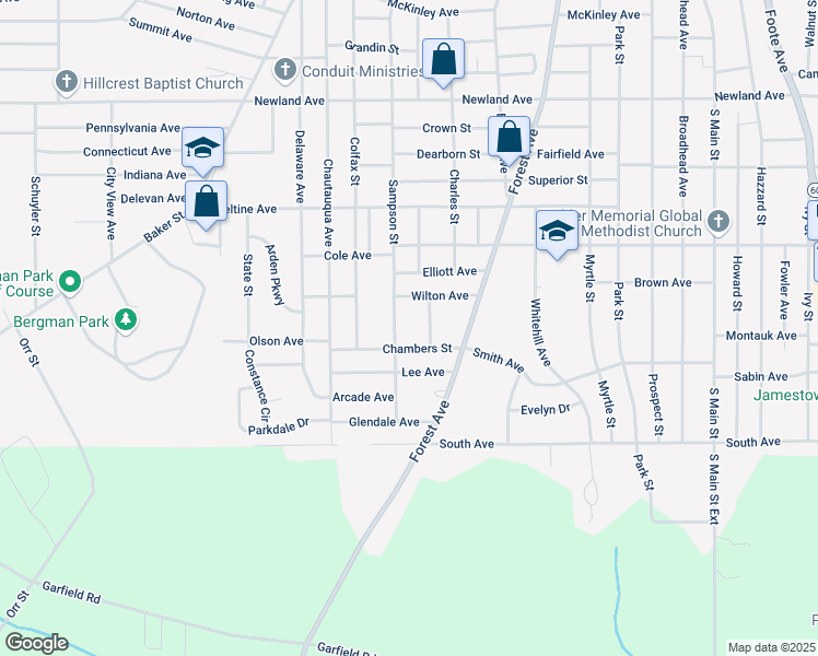 map of restaurants, bars, coffee shops, grocery stores, and more near 14 Mission Street in Jamestown