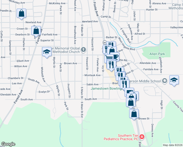 map of restaurants, bars, coffee shops, grocery stores, and more near 468 Hazzard Street in Jamestown