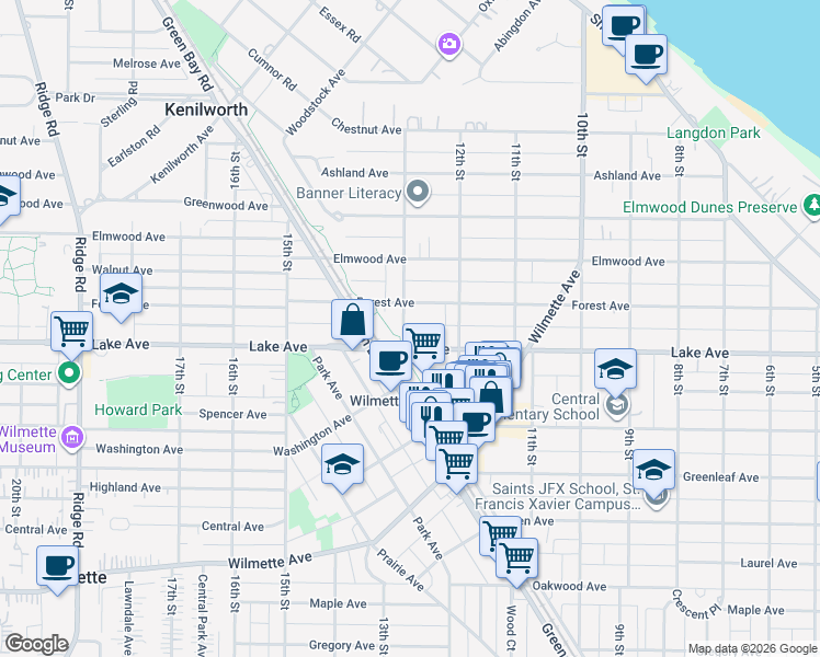 map of restaurants, bars, coffee shops, grocery stores, and more near 914 13th Street in Wilmette
