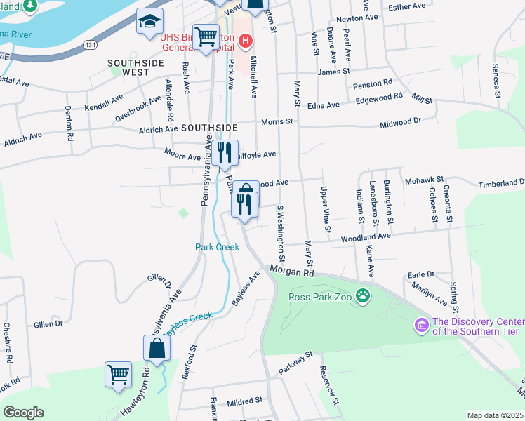 map of restaurants, bars, coffee shops, grocery stores, and more near 16 Corbett Avenue in Binghamton