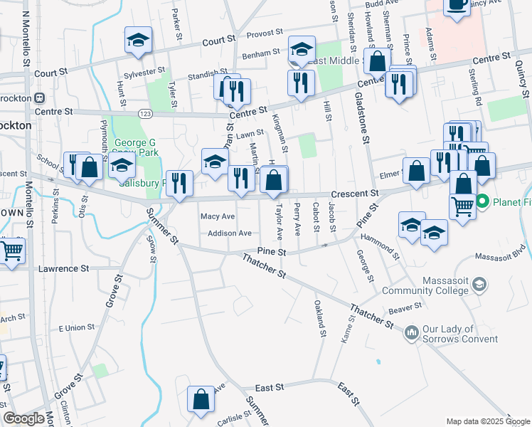 map of restaurants, bars, coffee shops, grocery stores, and more near 19 Taylor Avenue in Brockton
