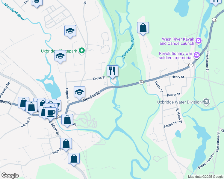 map of restaurants, bars, coffee shops, grocery stores, and more near 145 Mendon Street in Uxbridge