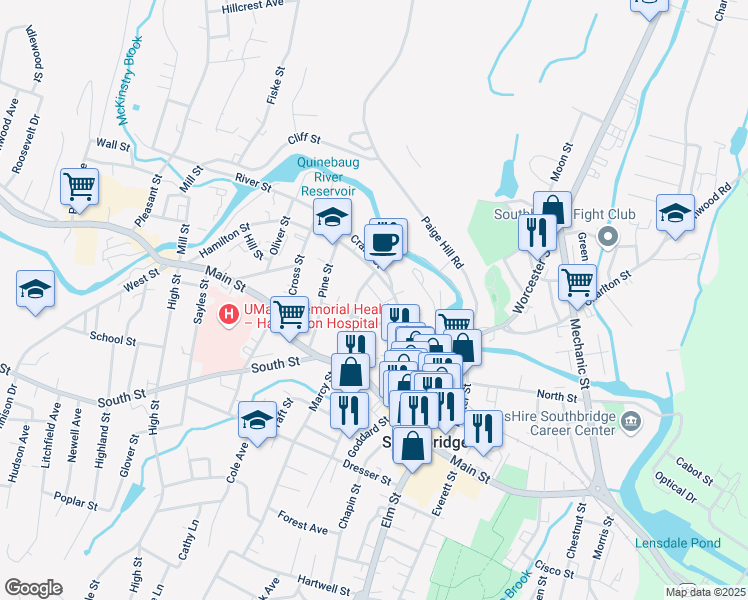 map of restaurants, bars, coffee shops, grocery stores, and more near 25 Marcy Street in Southbridge
