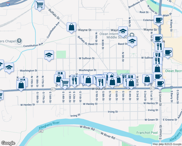 map of restaurants, bars, coffee shops, grocery stores, and more near 137 North 10th Street in Olean