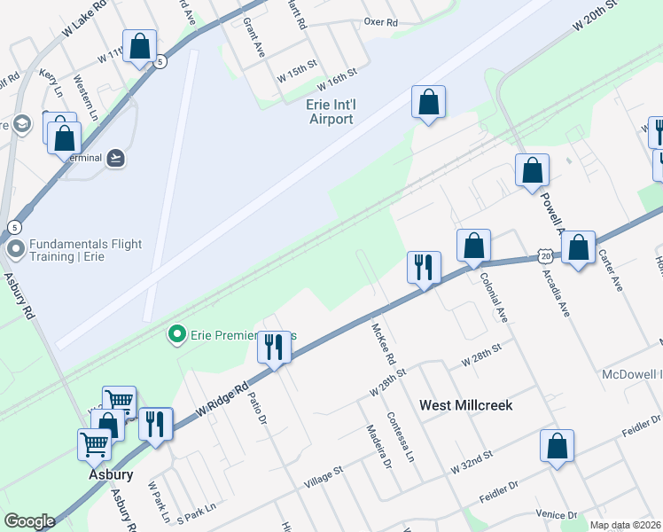 map of restaurants, bars, coffee shops, grocery stores, and more near 4030 West Ridge Road in Erie